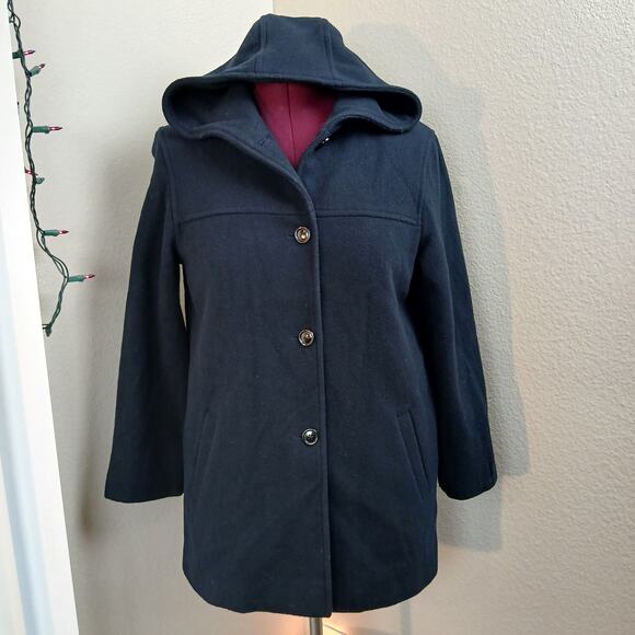 J. Percy Navy Hooded Merino Wool Coat Ladies M button front VTG Y2K made in USA - Picture 5 of 11